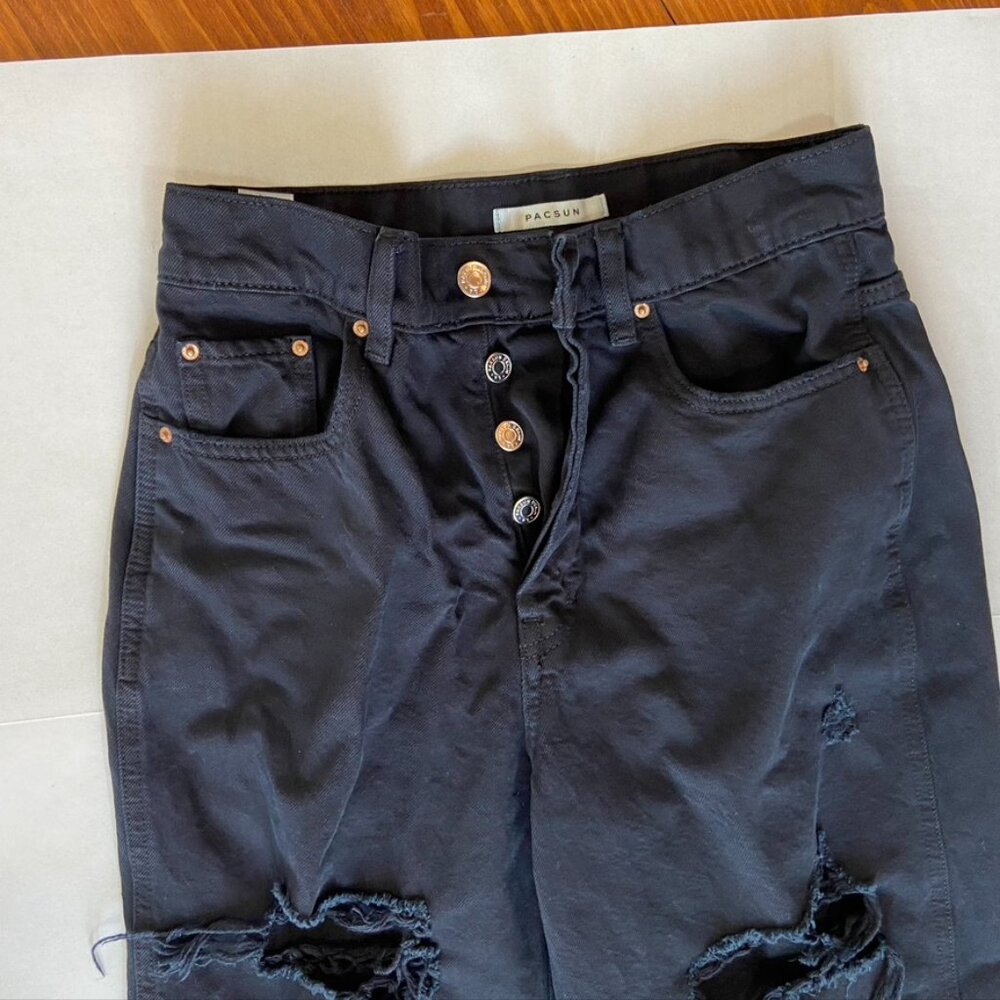 Pac Sun High Rise Button Fly Black Distressed Jeans Sz 27 - Picture 4 of 11